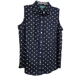 Lauren Ralph Lauren Women's NWT Navy Polka Dot Sleeveless Linen Top Petite